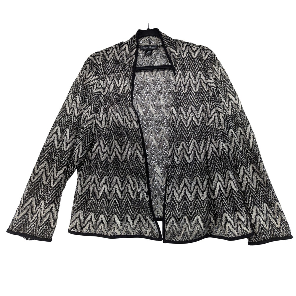 Jessica Howard‎ Womens 16W Silver Black Metallic Chevron Zigzag Open Cardigan
